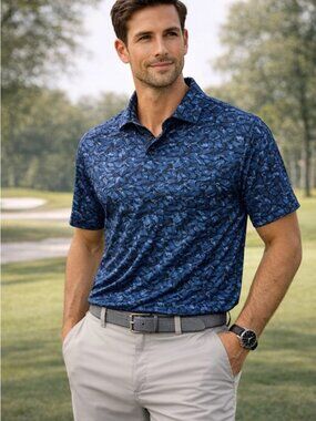 PGA Tour Pro Series Blue Print Golf Polo Men’s M Athletic Fit Athleisure